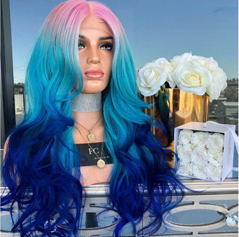 Mid-section Dyeing Three-color Gradient Wig Big Wavy Fluffy Hair